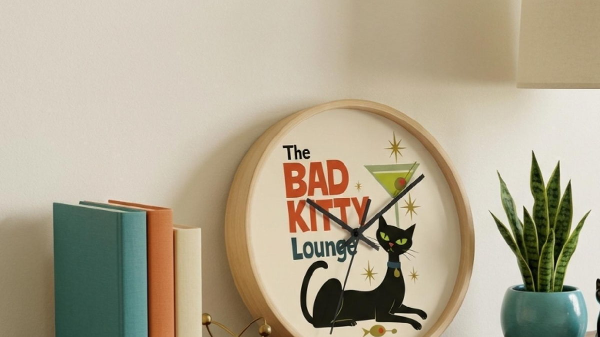 Bad Kitty Lounge 10-inch wall clock styled on a walnut console