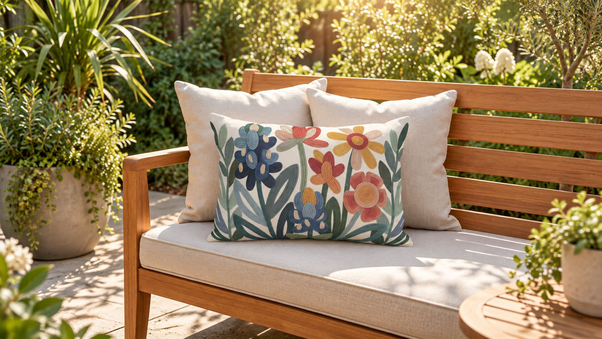 Texas wildflower outdoor lumbar pillow on a sunlit garden bench