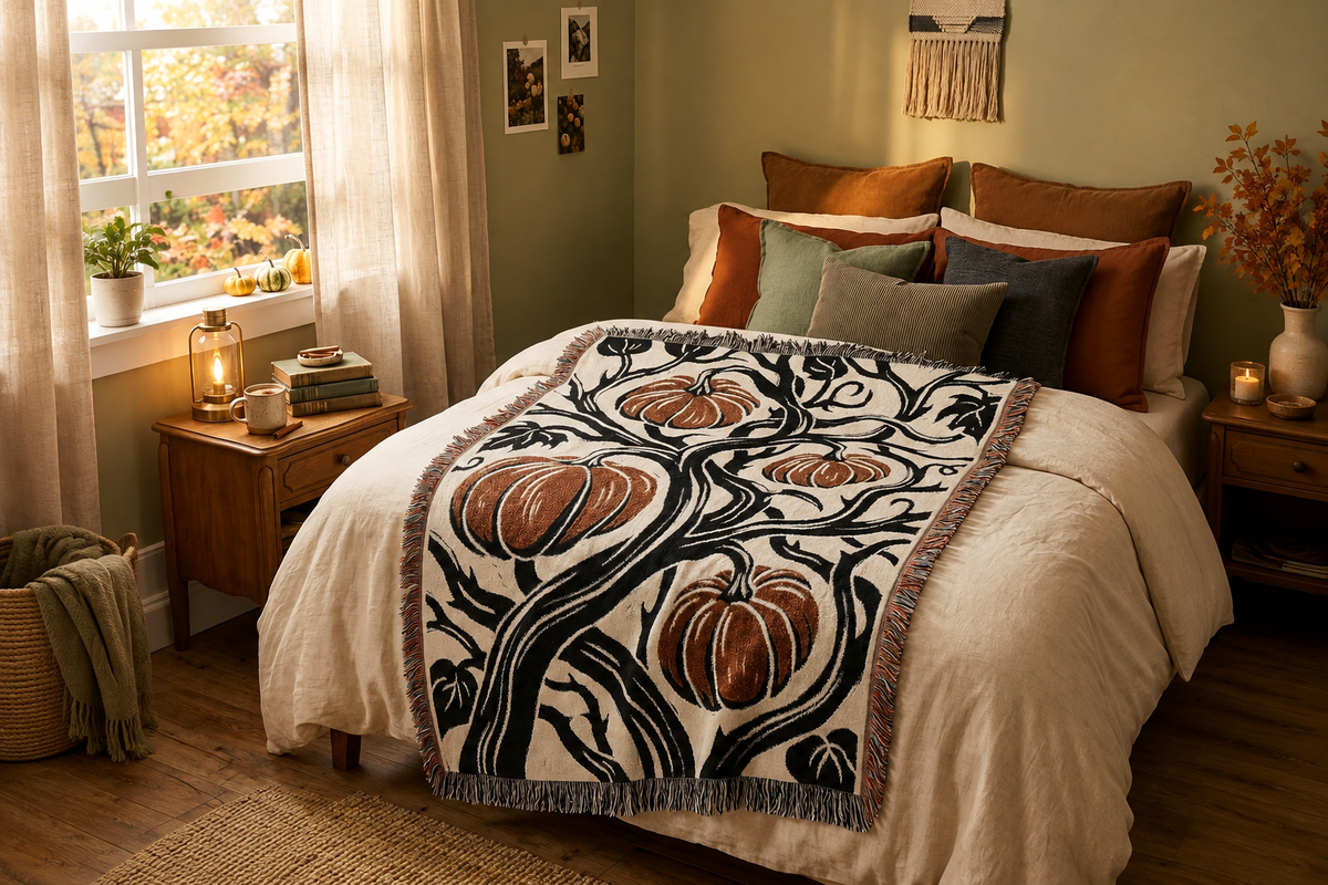 Rust pumpkin and black vine woven blanket styled in a warm fall bedroom