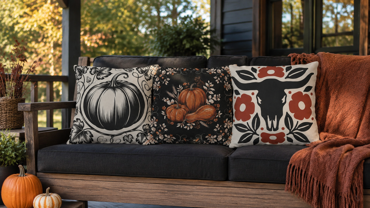Fall porch seating styled with three OneVibe Co outdoor pillows in black, cream and rust