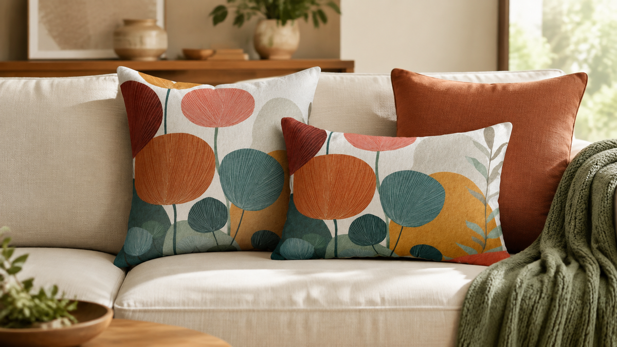 Matching OneVibe Co Watercolor Botanical square and 20 by 14 inch lumbar pillows on a neutral sofa