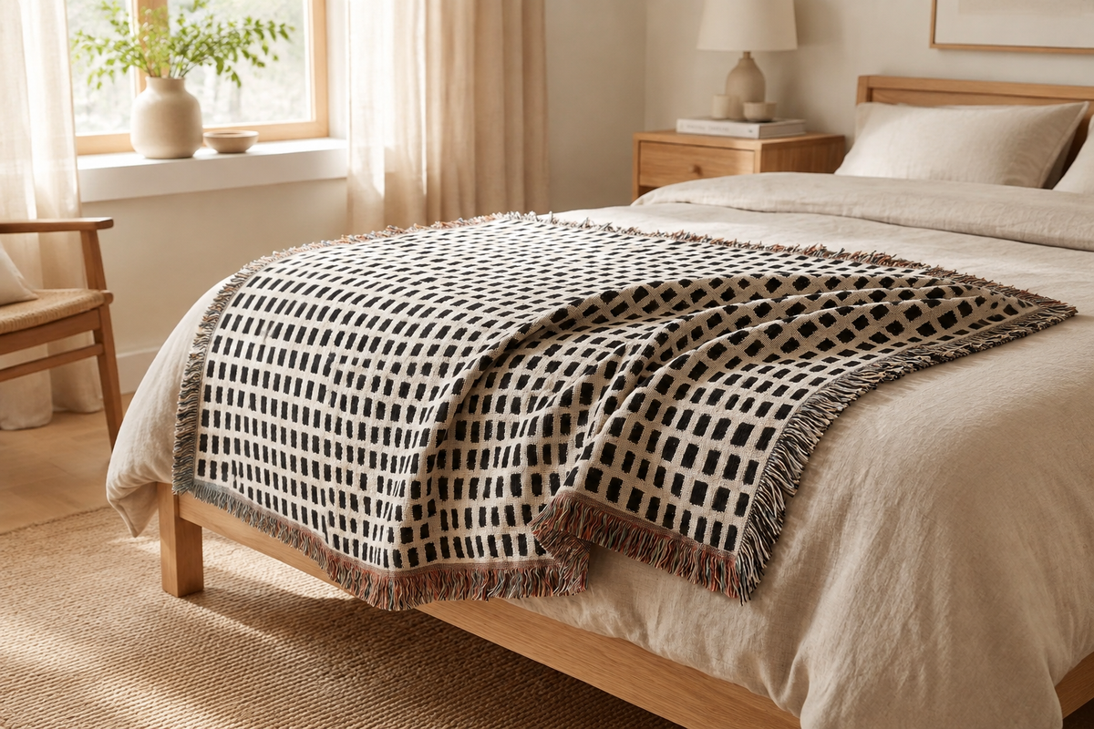 Cream and black hand-drawn grid woven blanket styled across a neutral bed