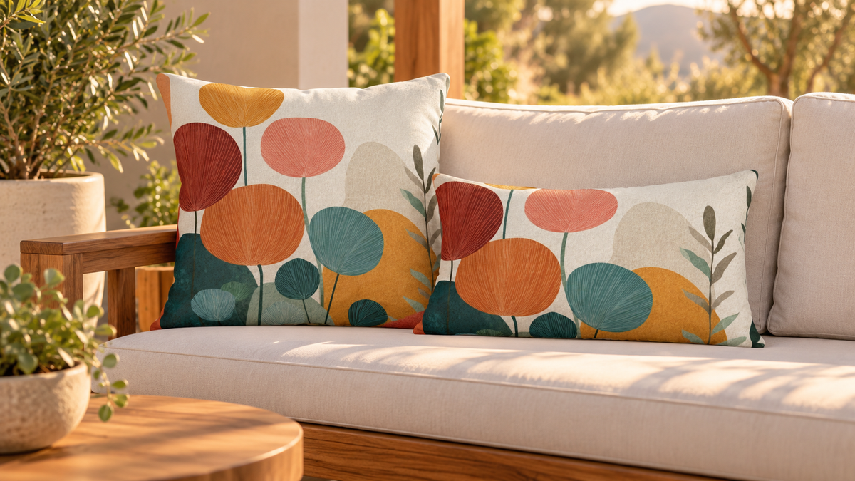 Square and lumbar mid-century botanical outdoor pillows on a patio sofa