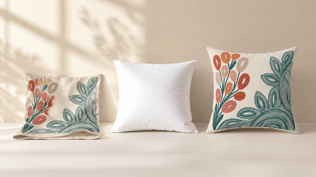 Empty Coral Teal Botanical pillow cover beside a white insert and the finished throw pillow