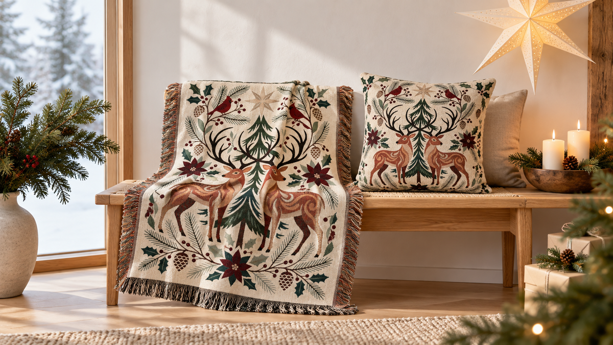 Nordic deer and cardinal woven blanket and pillow in a Scandinavian Christmas room