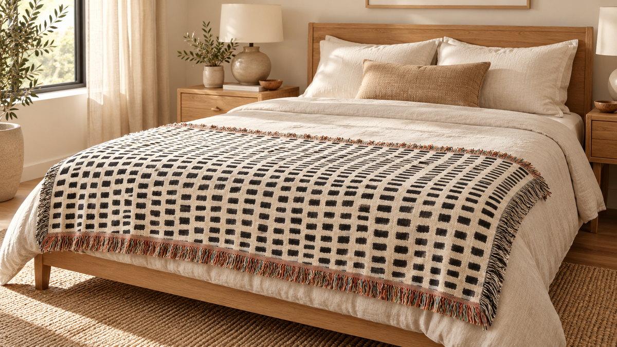 Cream and black grid woven throw across the foot of a bed