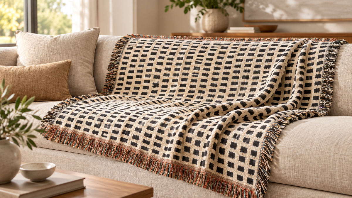 Cream and black hand-drawn grid woven throw on a neutral sofa