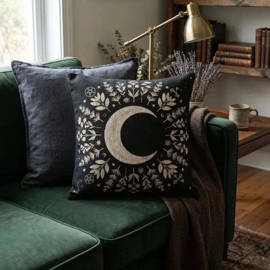 Crescent Moon Botanical Woven Pillow | Gothic Celestial Decor