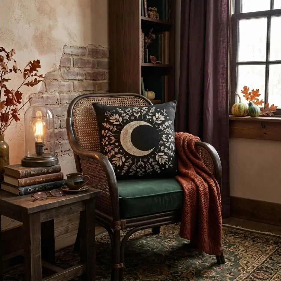 Crescent Moon Botanical Woven Pillow | Gothic Celestial Decor