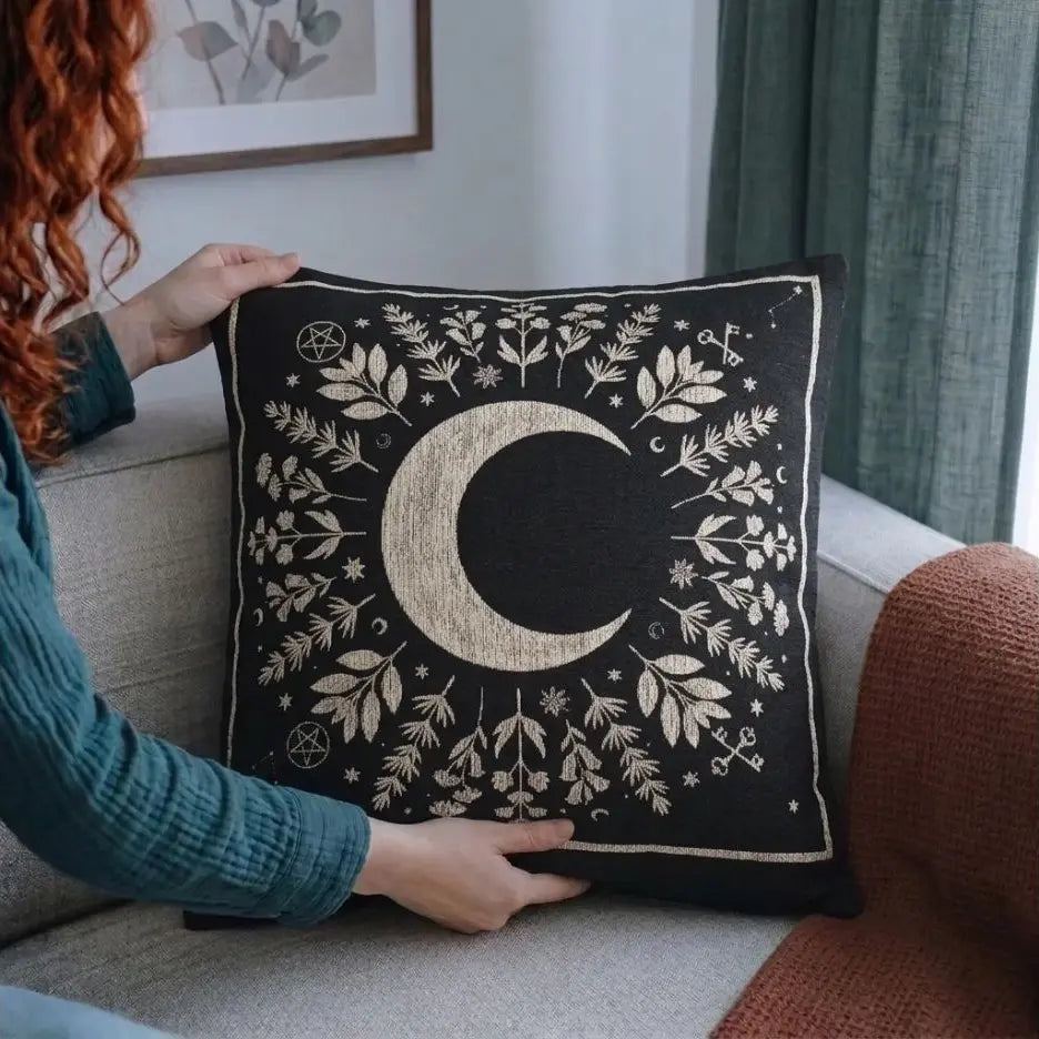 Crescent Moon Botanical Woven Pillow | Gothic Celestial Decor