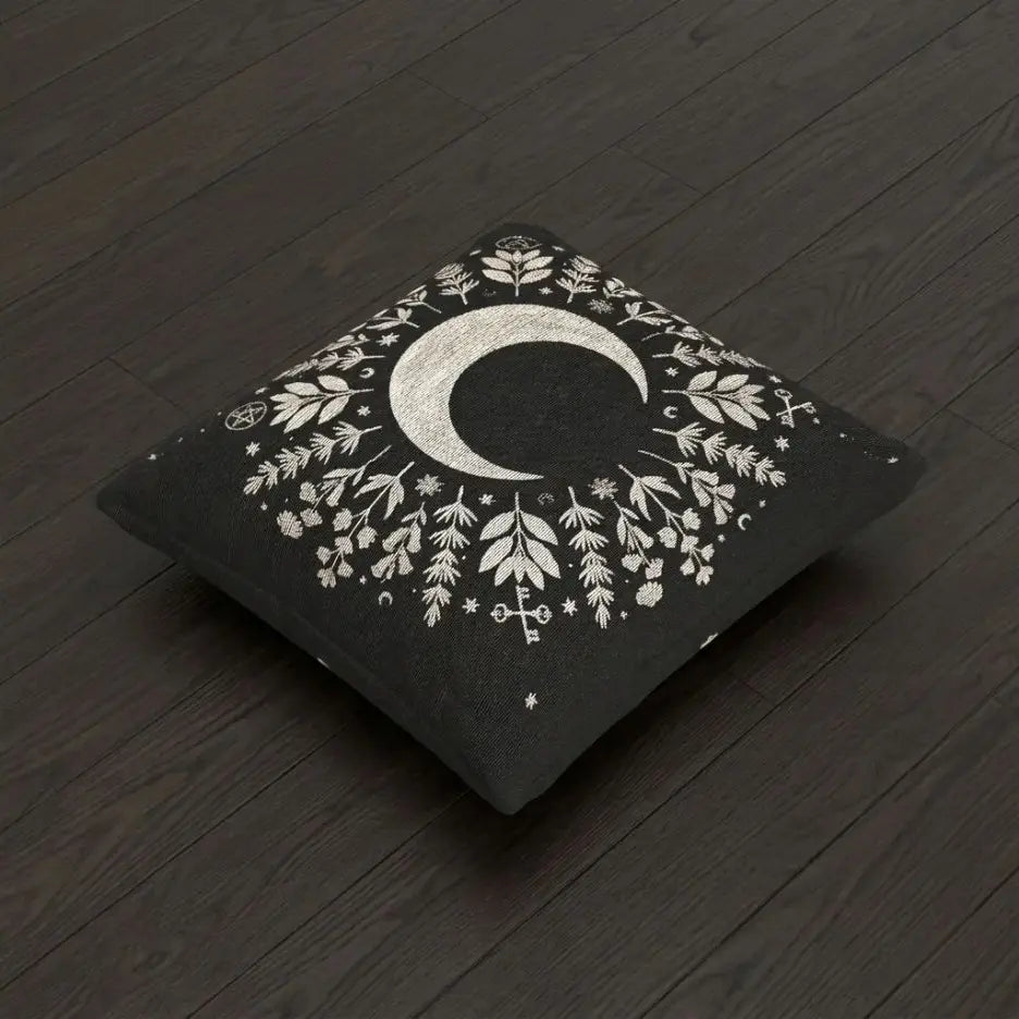 Crescent Moon Botanical Woven Pillow | Gothic Celestial Decor