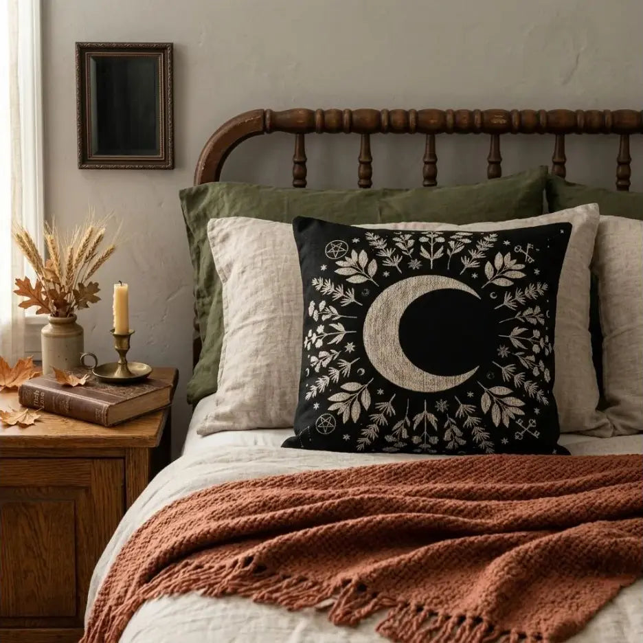 Crescent Moon Botanical Woven Pillow | Gothic Celestial Decor