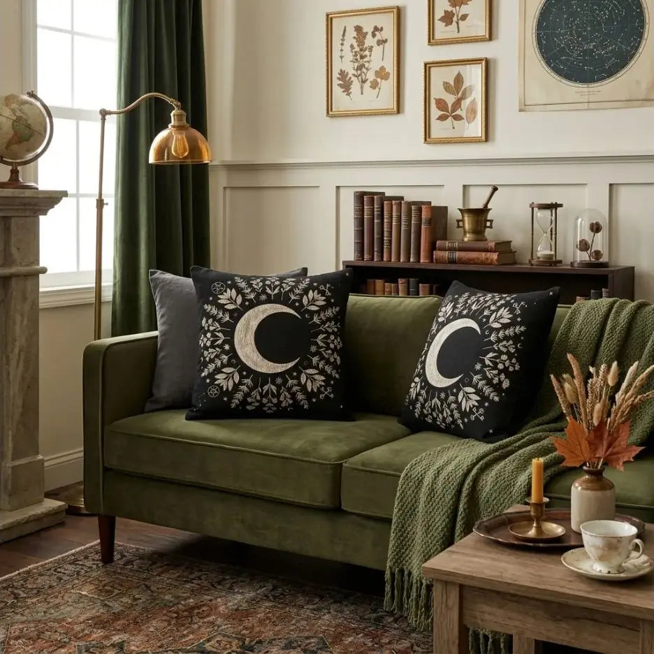 Crescent Moon Botanical Woven Pillow | Gothic Celestial Decor
