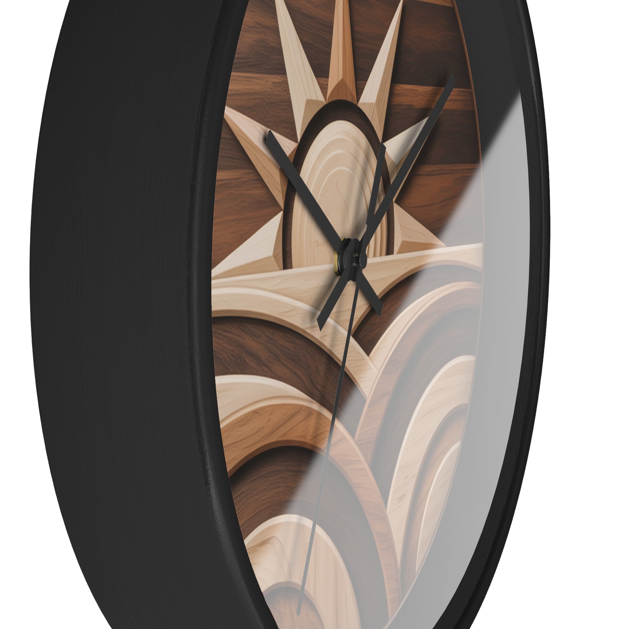 Mid Century Modern Clock Face Art, Geometric Sunrise Over Hills, Marquetry Style, Neutral Scandinavian Decor