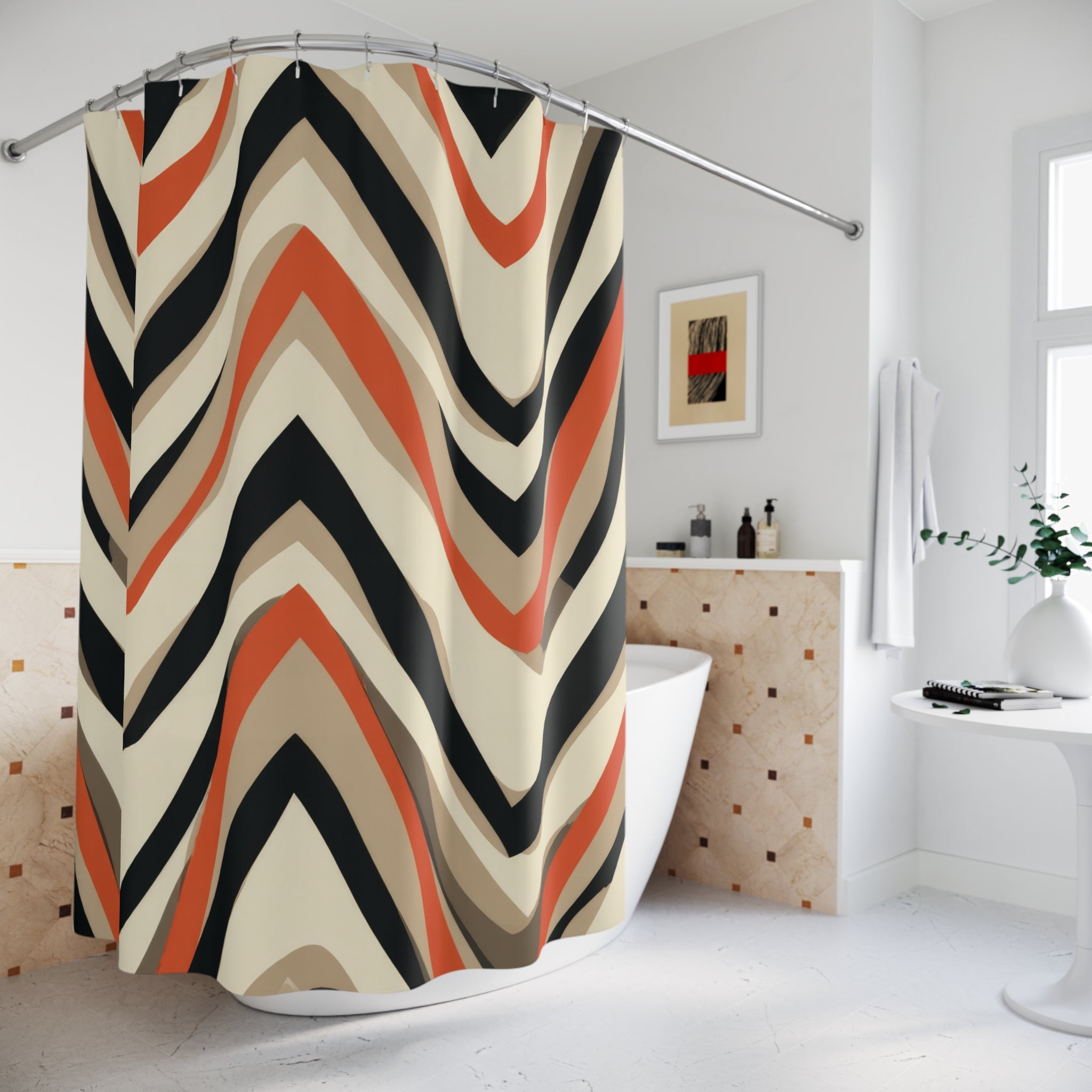 Retro Chevron Shower Curtain | 70s Geometric Bathroom Decor | Terracotta Black Cream | Mid Century Modern Bath Curtain