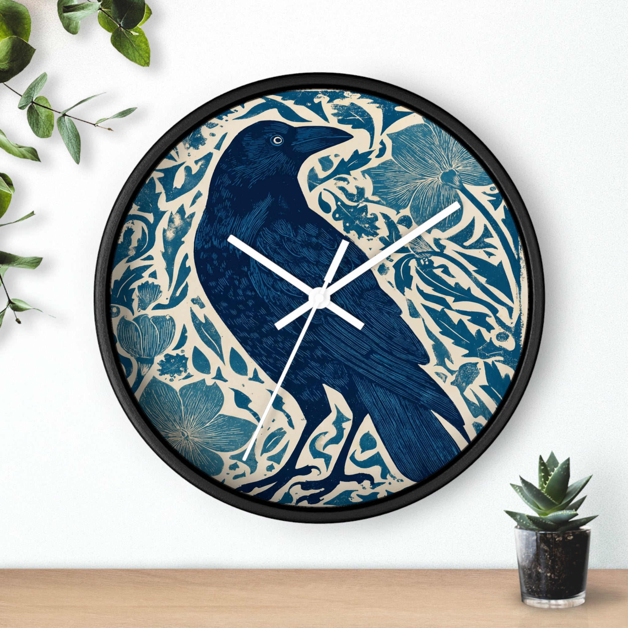 Linocut Raven Floral Wall Clock | Woodblock Style Vine Pattern