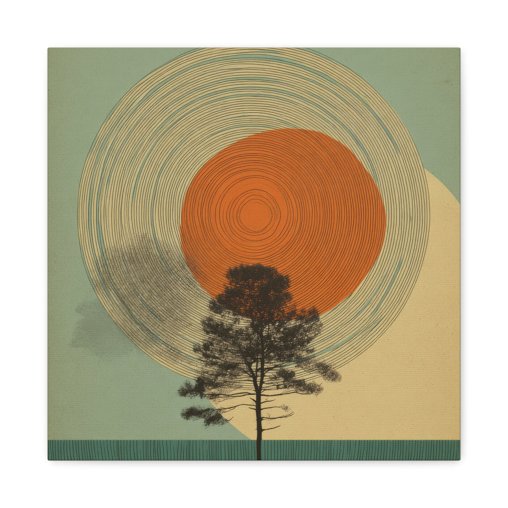 Tree Ring Wall Art | Mid Century Wall Art | Abstract Canvas Of Sun And Tree Nature Landscape