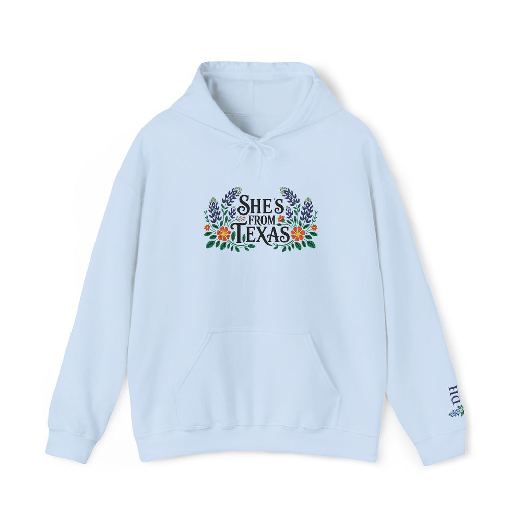 Personalized She’s From Texas Embroidered Hoodie | Bluebonnets