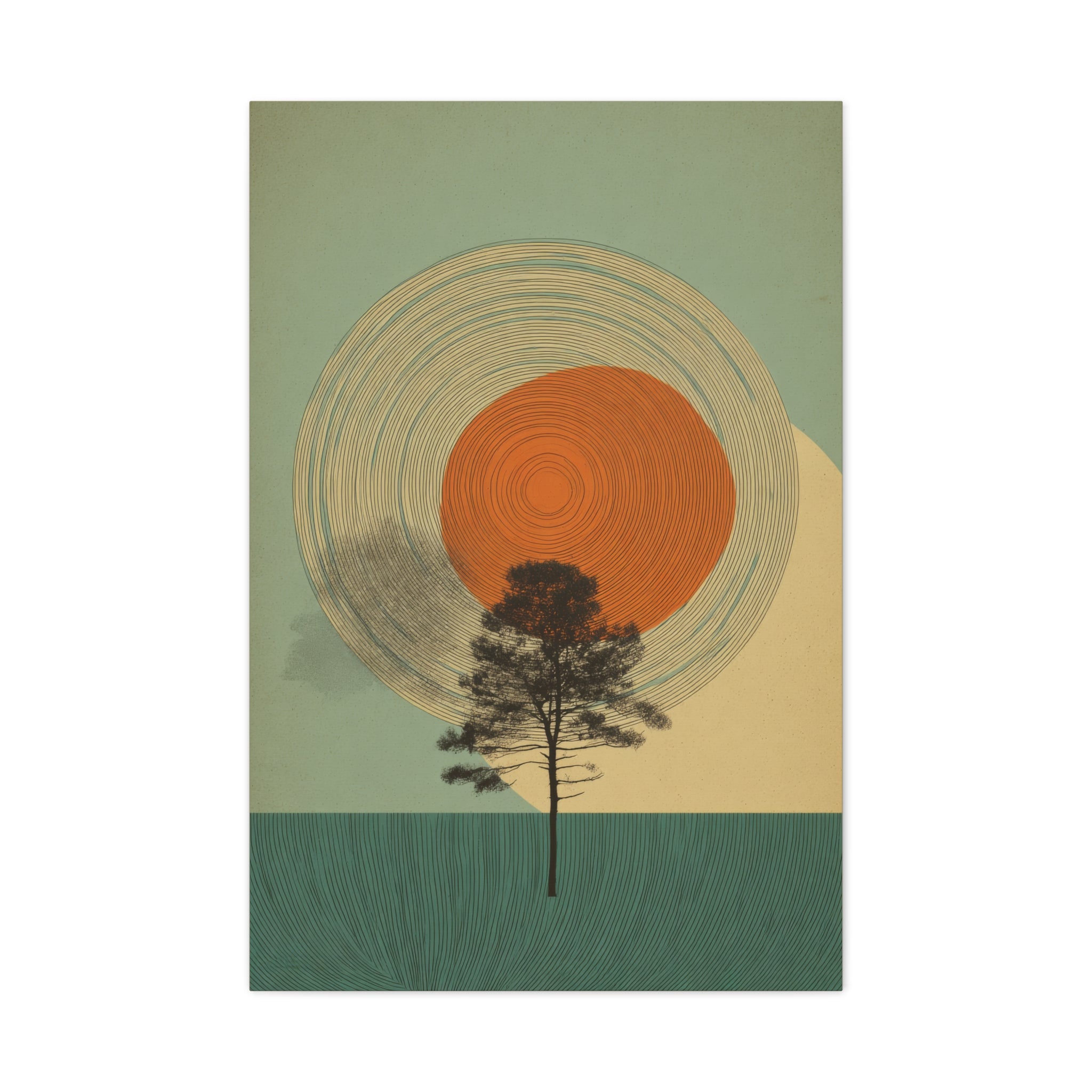 Tree Ring Wall Art | Mid Century Wall Art | Abstract Canvas Of Sun And Tree Nature Landscape