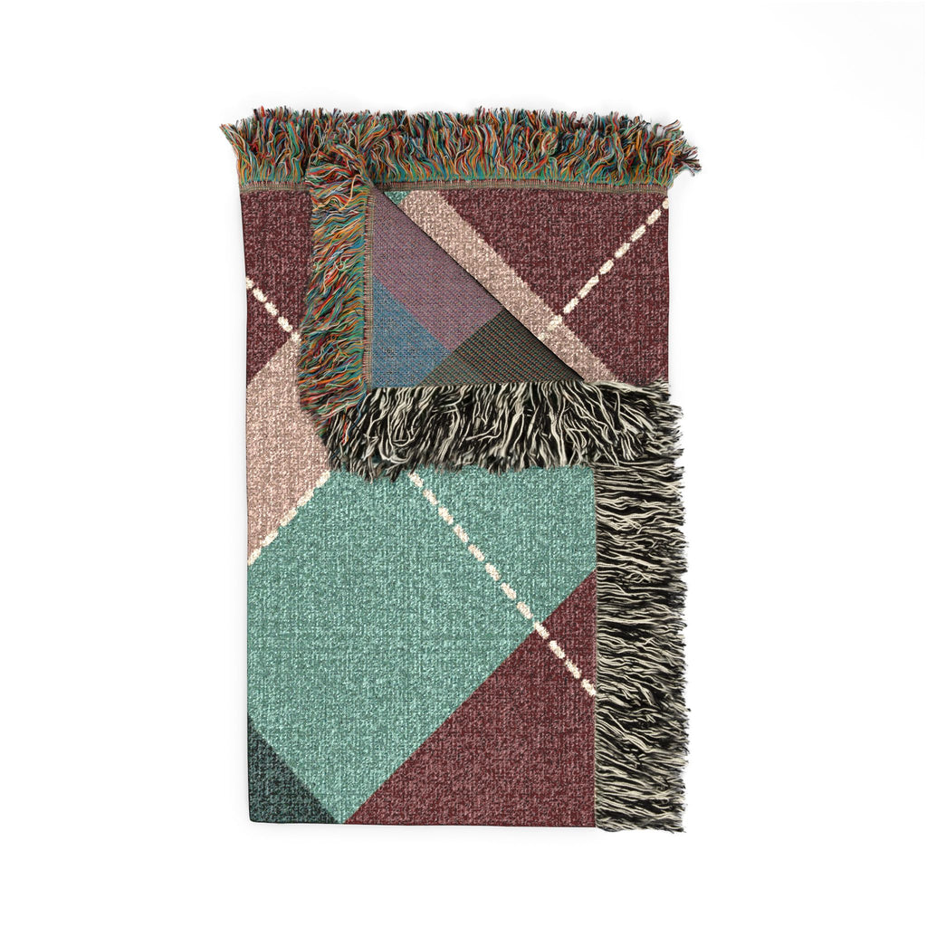 Teal Burgundy Argyle Woven Blanket | Geometric Plaid Throw
