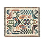 Scandinavian Folk Bird Woven Blanket | Colorful Botanical Throw
