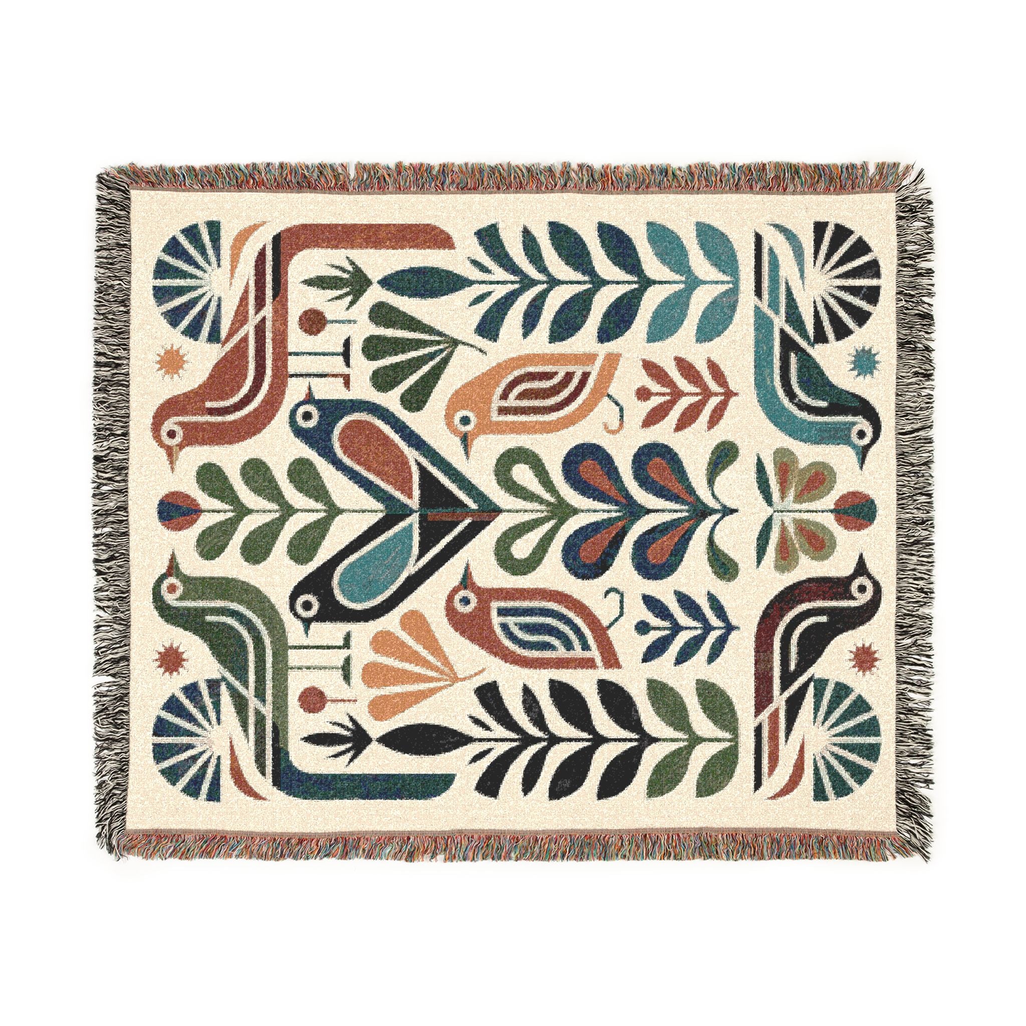 Woven Throw Blanket | Folk Bird Mid Century Boho Design | Boho Home Decor Gift