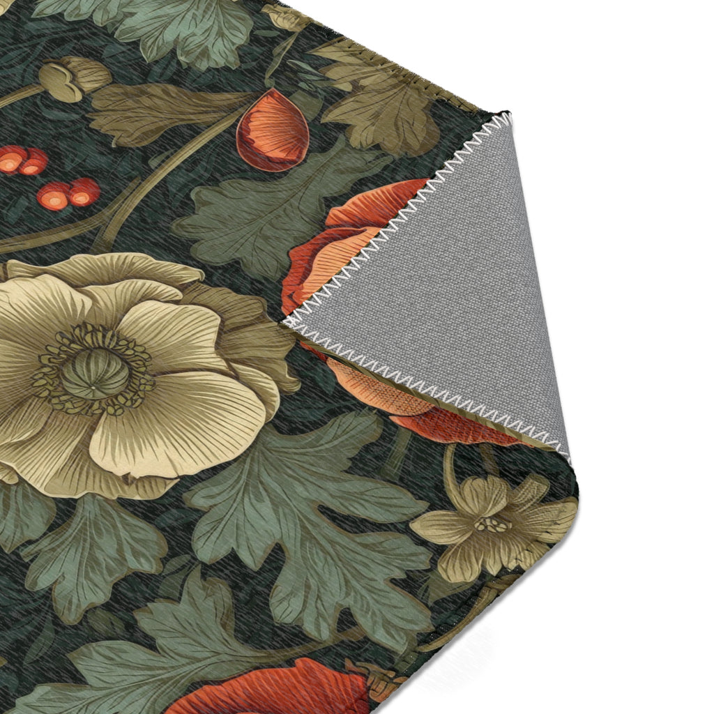 William Morris Botanical Poppy Area Rug | Coral Orange, Teal Green Arts & Crafts