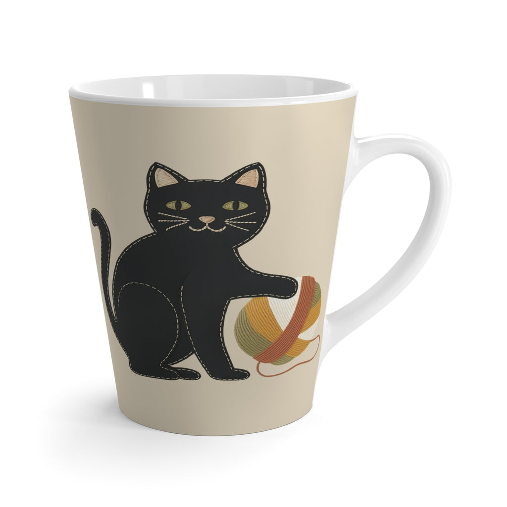 Folk Black Cat with Yarn Latte Mug | Appliqué-Style Embroidery Look