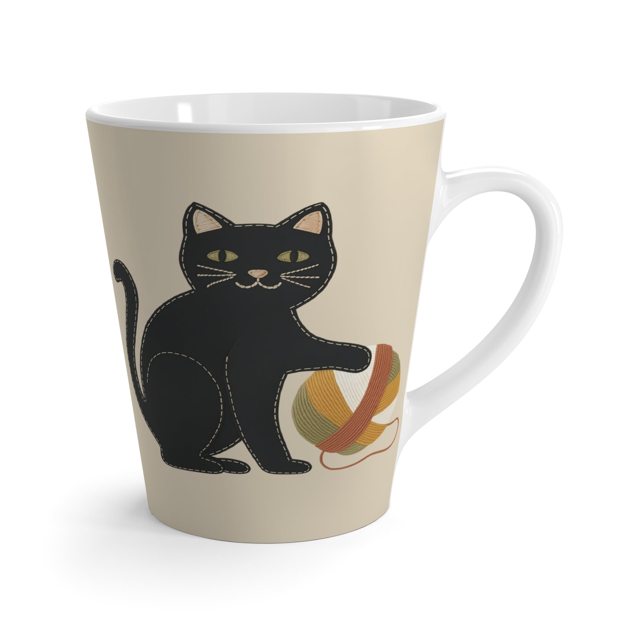 Folk Black Cat with Yarn Latte Mug | Appliqué-Style Embroidery Look