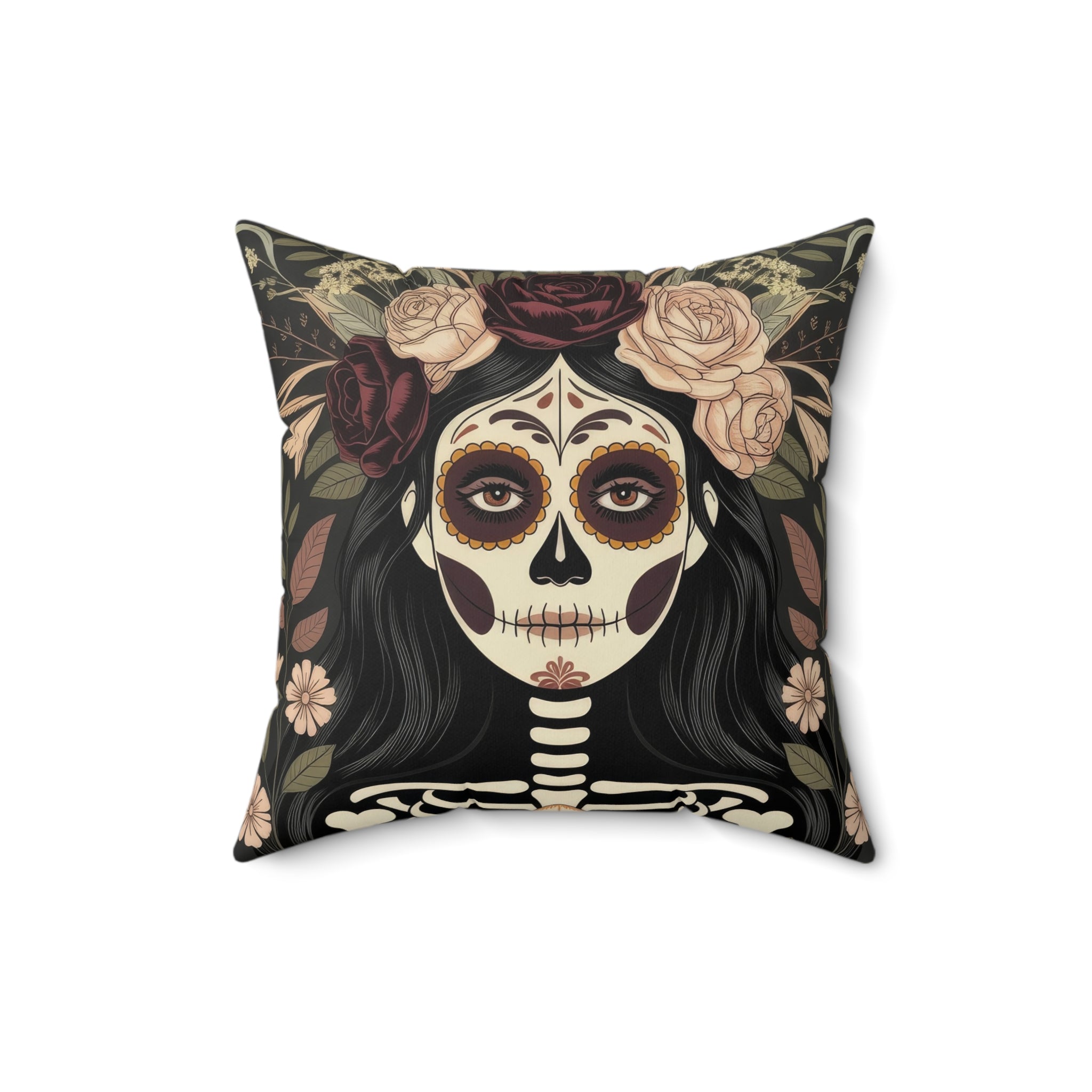 Gothic La Catrina Faux Suede Throw Pillow | Sugar Skull Dia de los Muertos Dark Boho Decor