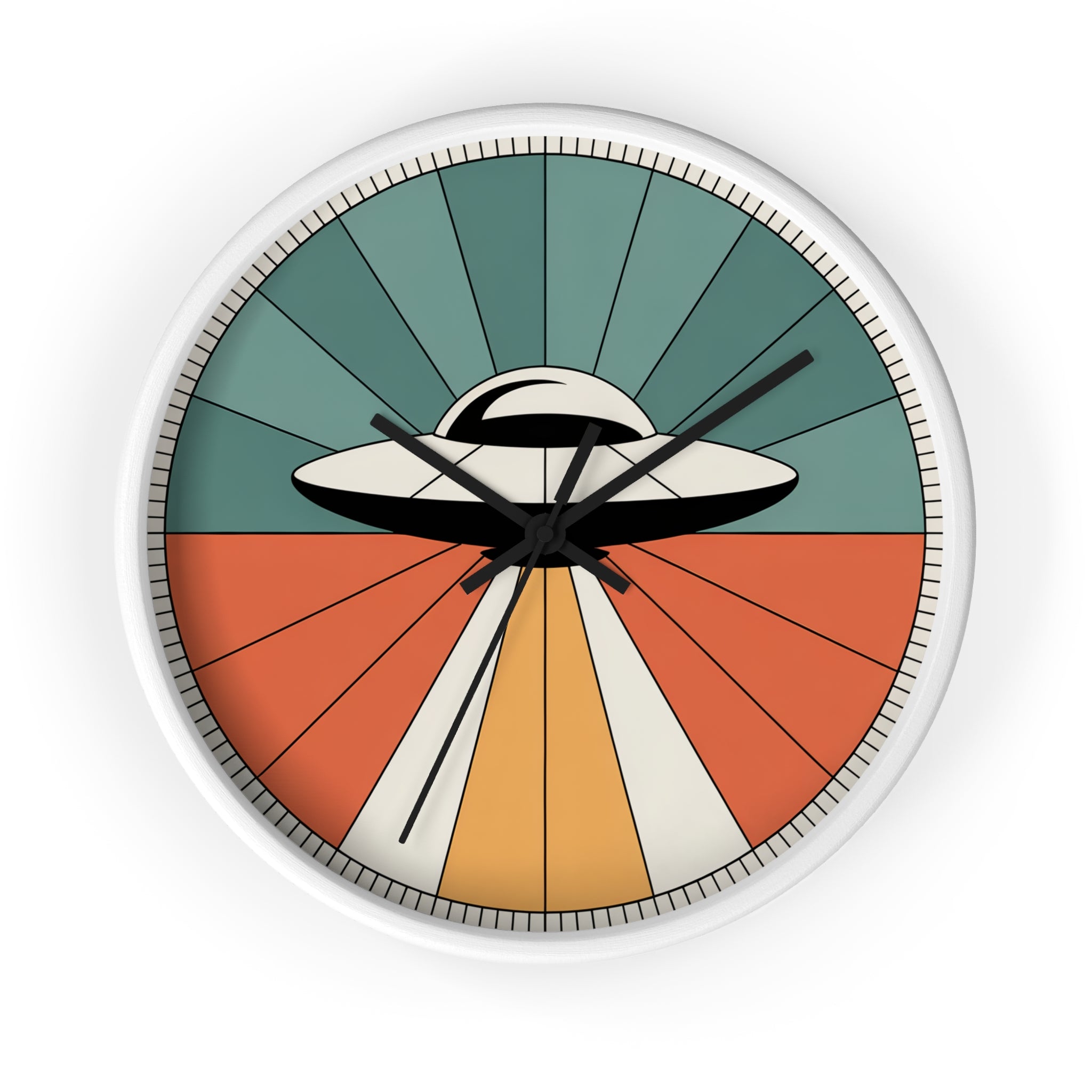Mid Century Modern Clock, UFO Sunburst Wall Clock, 1950s Space Age Poster Style, Teal Orange Retro Sci Fi Decor, Atomic Starburst Dial