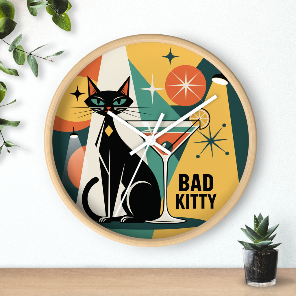 Bad Kitty Retro Cat Martini Wall Clock | Mid Century Modern Kitchen Decor