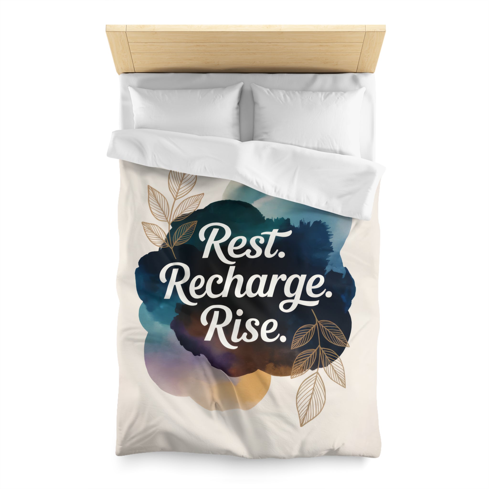 Rest Recharge Rise Duvet Cover | Watercolor Motivational Bedding | Navy Blue Botanical Comforter | Boho Decor | Twin XL Queen King