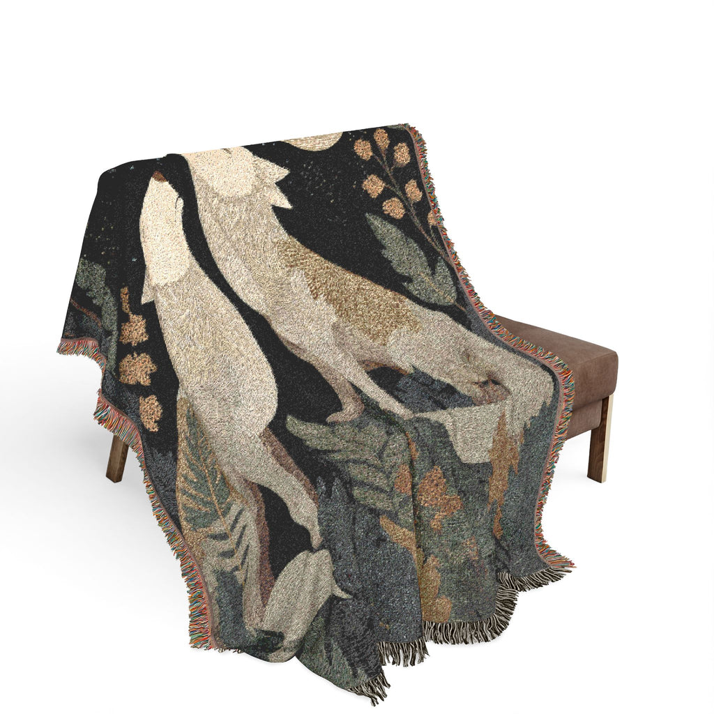 Woven Wolves Moon scene blanket | Tapestry-style woodland heirloom throw
