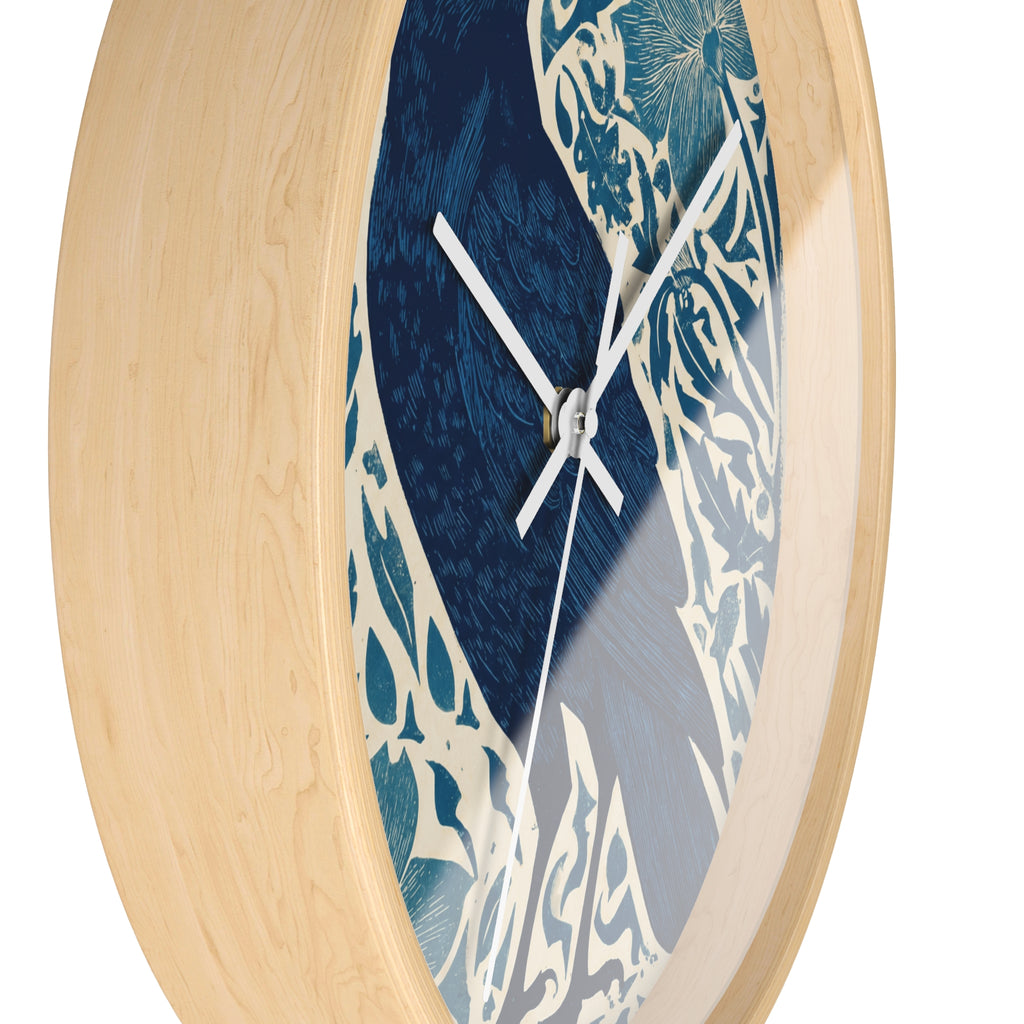 Linocut Raven Floral Wall Clock | Woodblock Style Vine Pattern