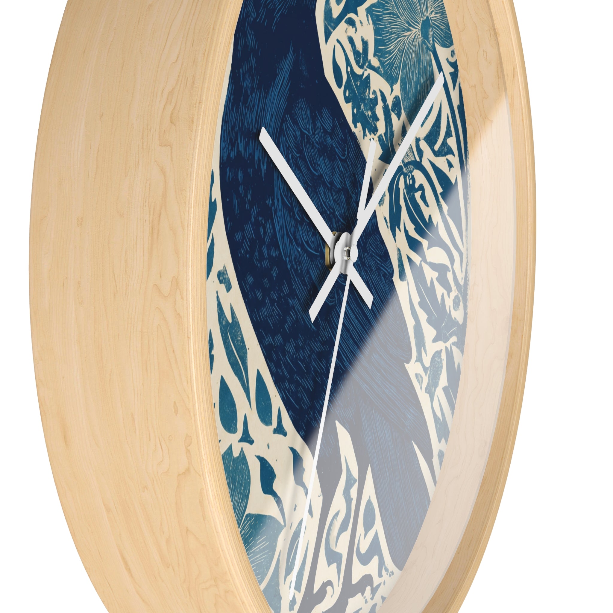 Linocut Raven Floral Wall Clock | Woodblock Style Vine Pattern