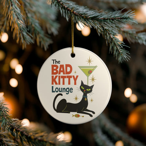 Bad Kitty black cat and martini retro ceramic Christmas ornament