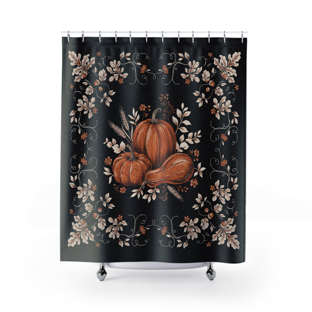 Black floral pumpkin bouquet shower curtain for fall bathroom decor