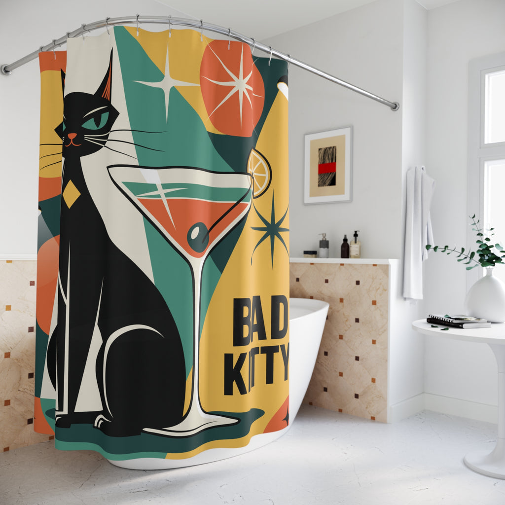 Bad Kitty Mod Black Cat Shower Curtain | Geometric Retro Cocktail Glam
