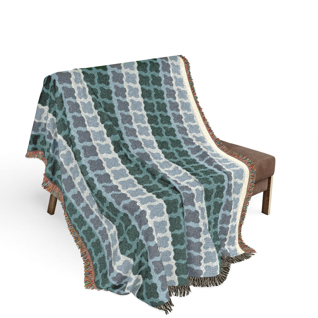 Mid Century Modern Cotton Throw Blanket | 1960s Inspired Geometric Pattern | Retro Green Sofa Throw with Fringe