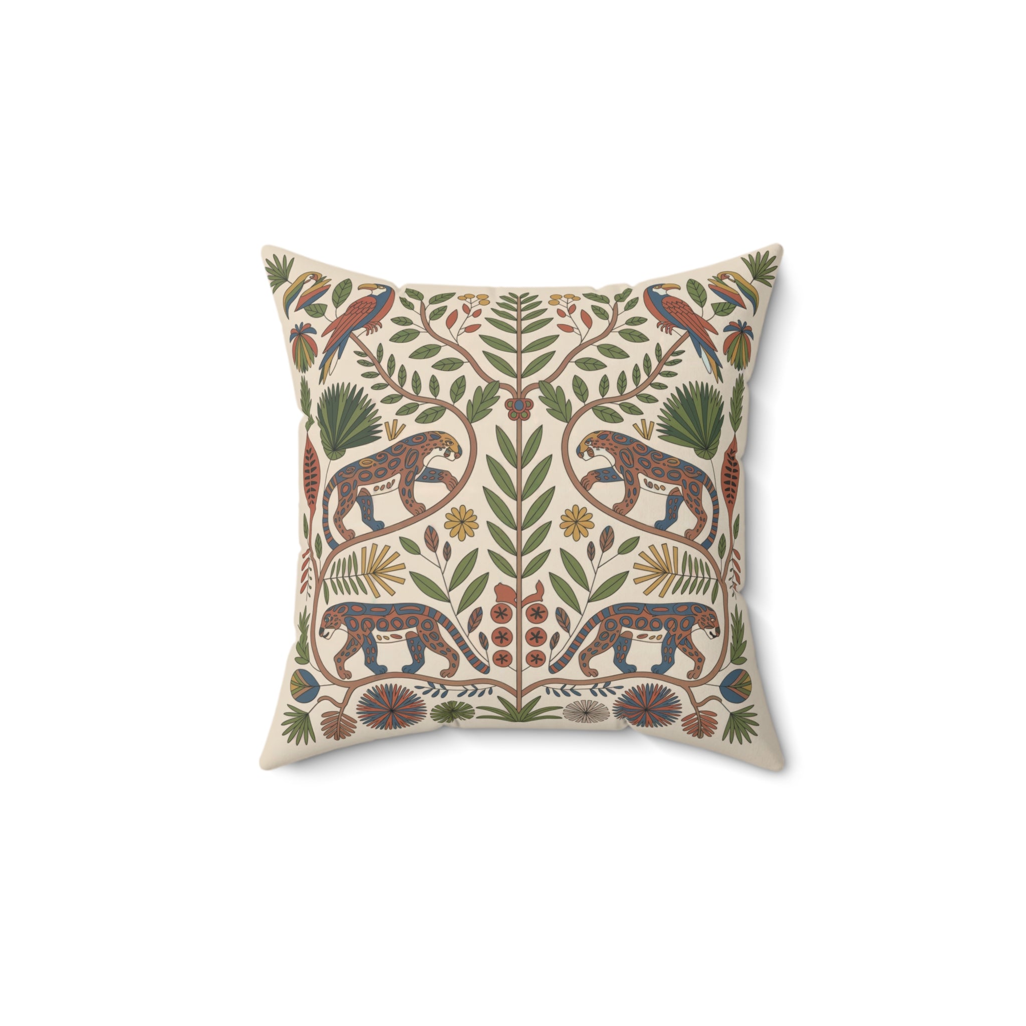 Jaguar and Tropical Bird Folk Art Throw Pillow with Botanical Design