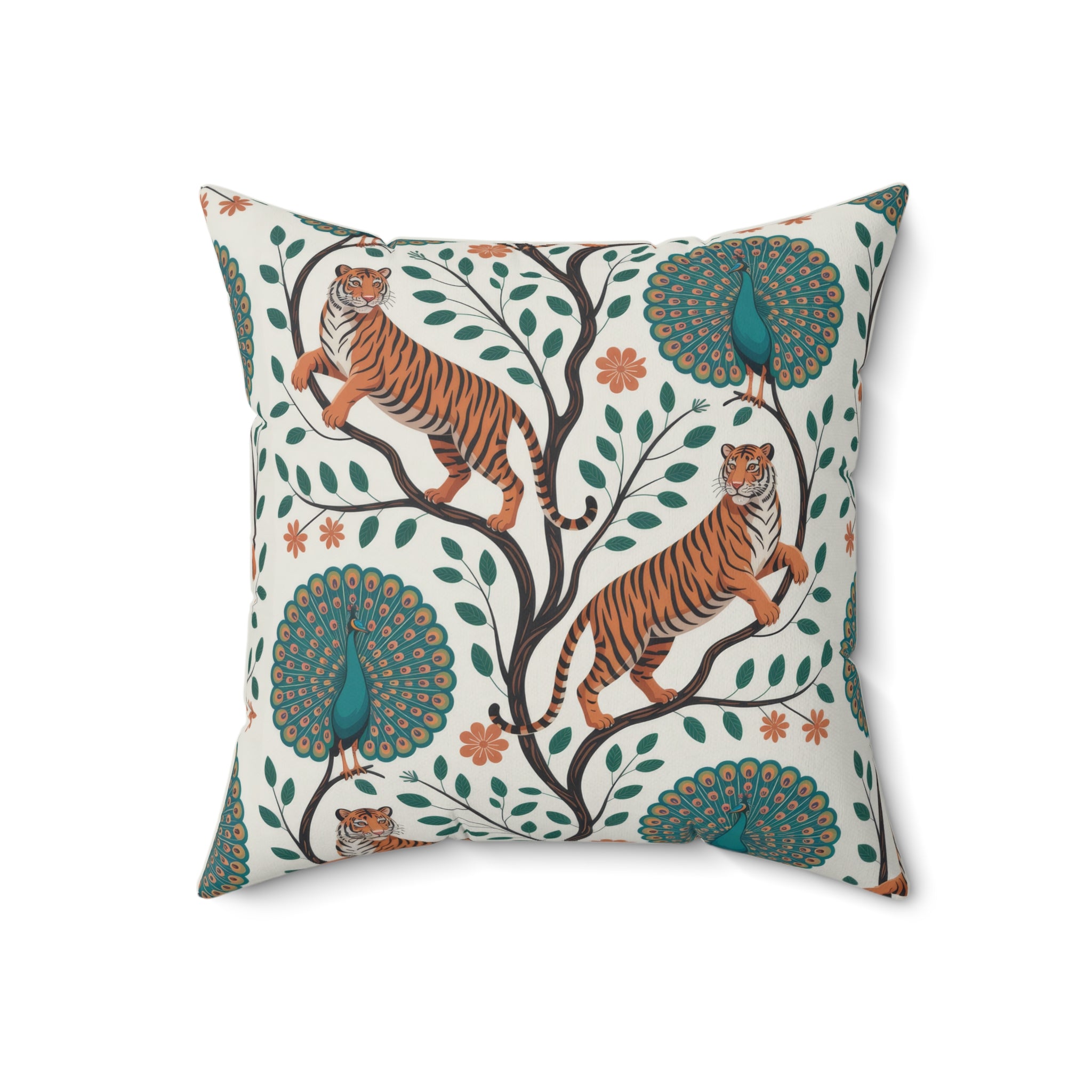 Tiger and Peacock Pillow Featuring a Decorative Botanical Animal Design