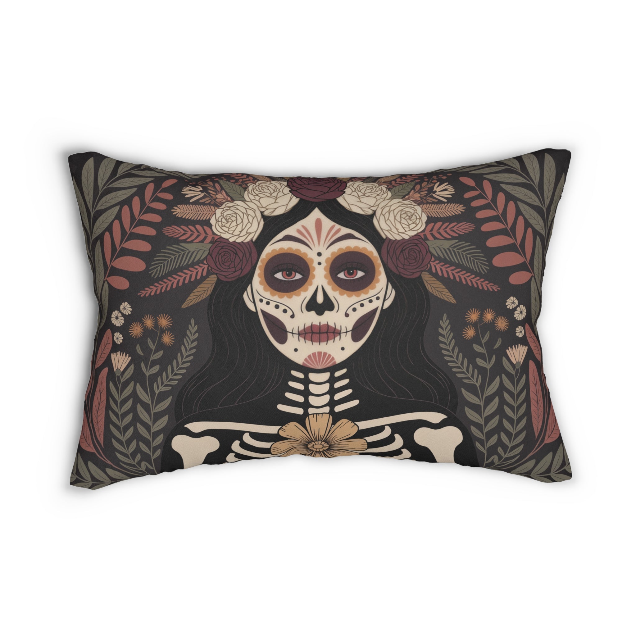 La Catrina Skull Gothic Lumbar Pillow | Day of the Dead Charcoal Burgundy