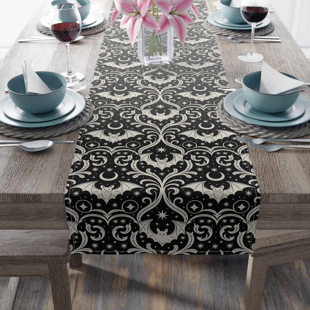 Gothic Bat Damask Table Runner | Black Halloween Table Decor
