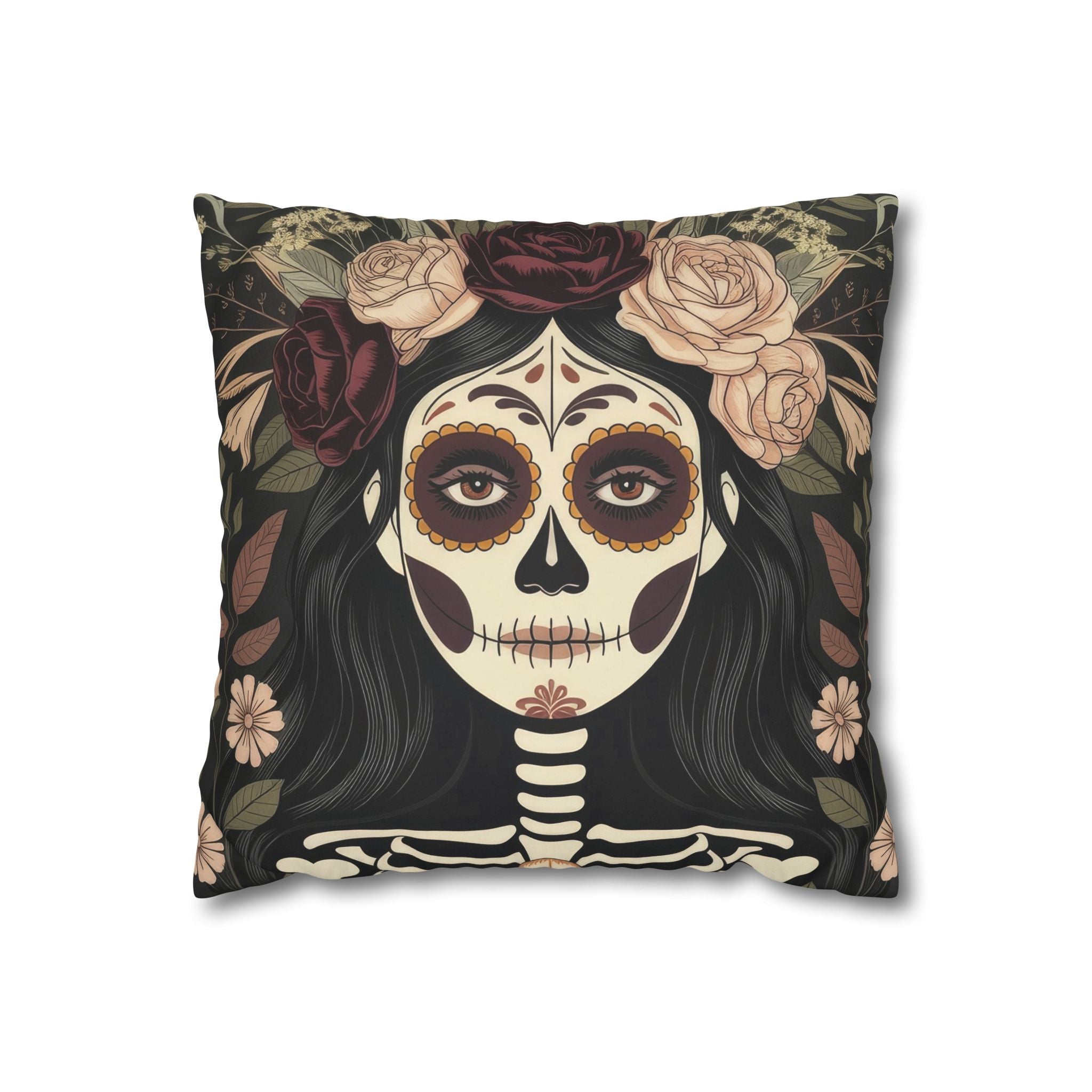 Gothic La Catrina Throw Pillow | Faux Suede Sugar Skull Cushion Cover, Dark Boho Decor