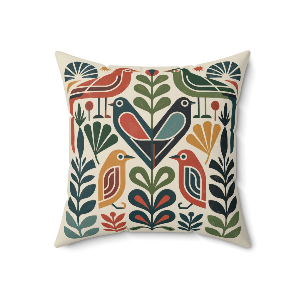 Mid-Century Folk Bird Throw Pillow, Geometric Botanical Cushion, Retro Modern Accent Pillow