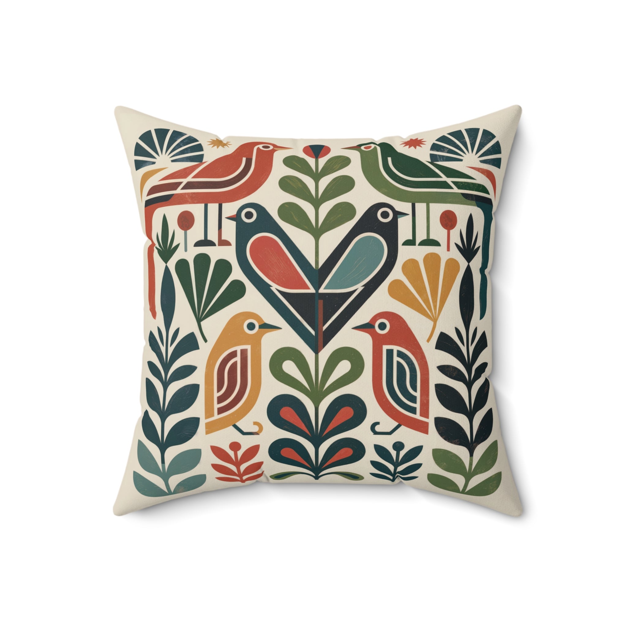 Mid-Century Folk Bird Throw Pillow, Geometric Botanical Cushion, Retro Modern Accent Pillow