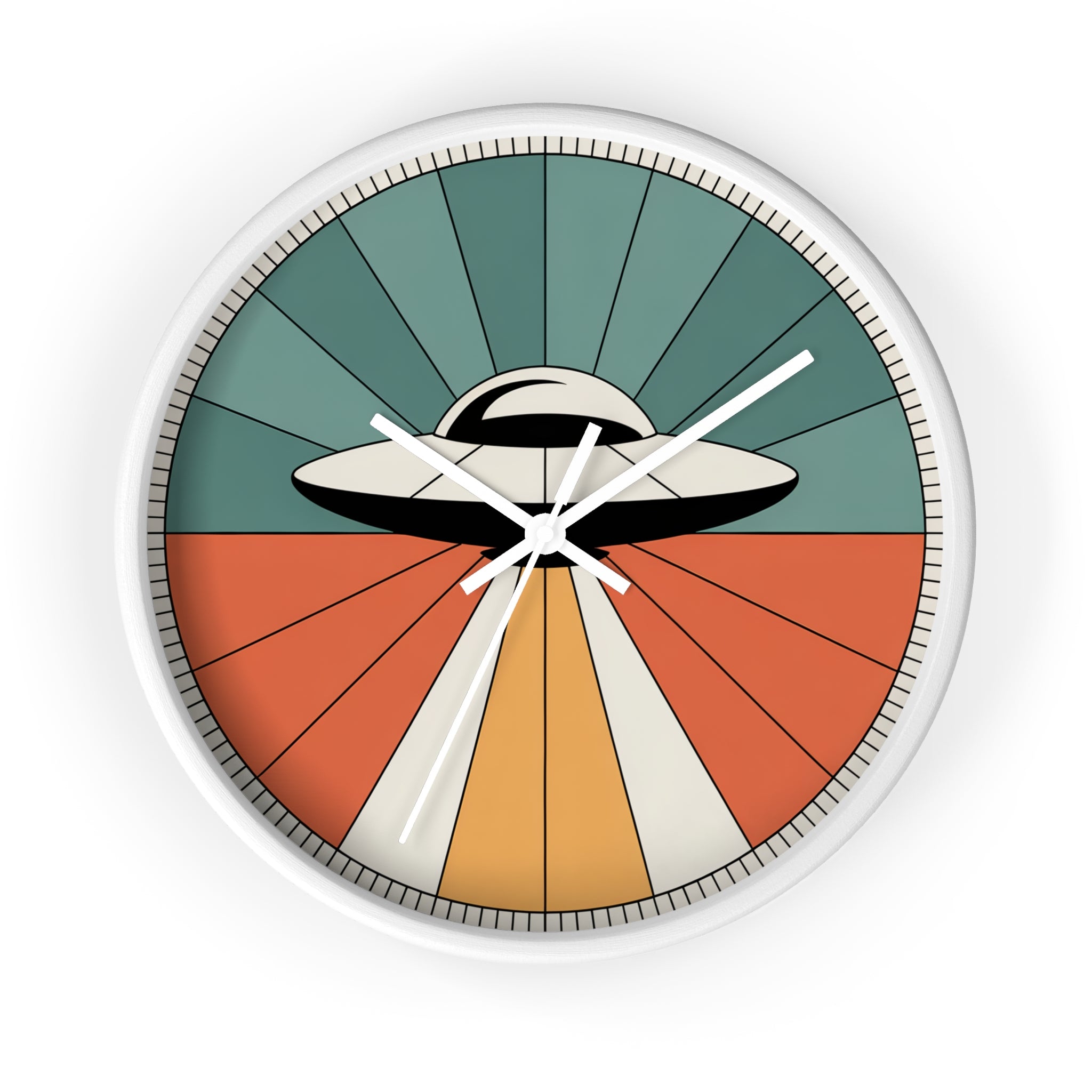 Mid Century Modern Clock, UFO Sunburst Wall Clock, 1950s Space Age Poster Style, Teal Orange Retro Sci Fi Decor, Atomic Starburst Dial