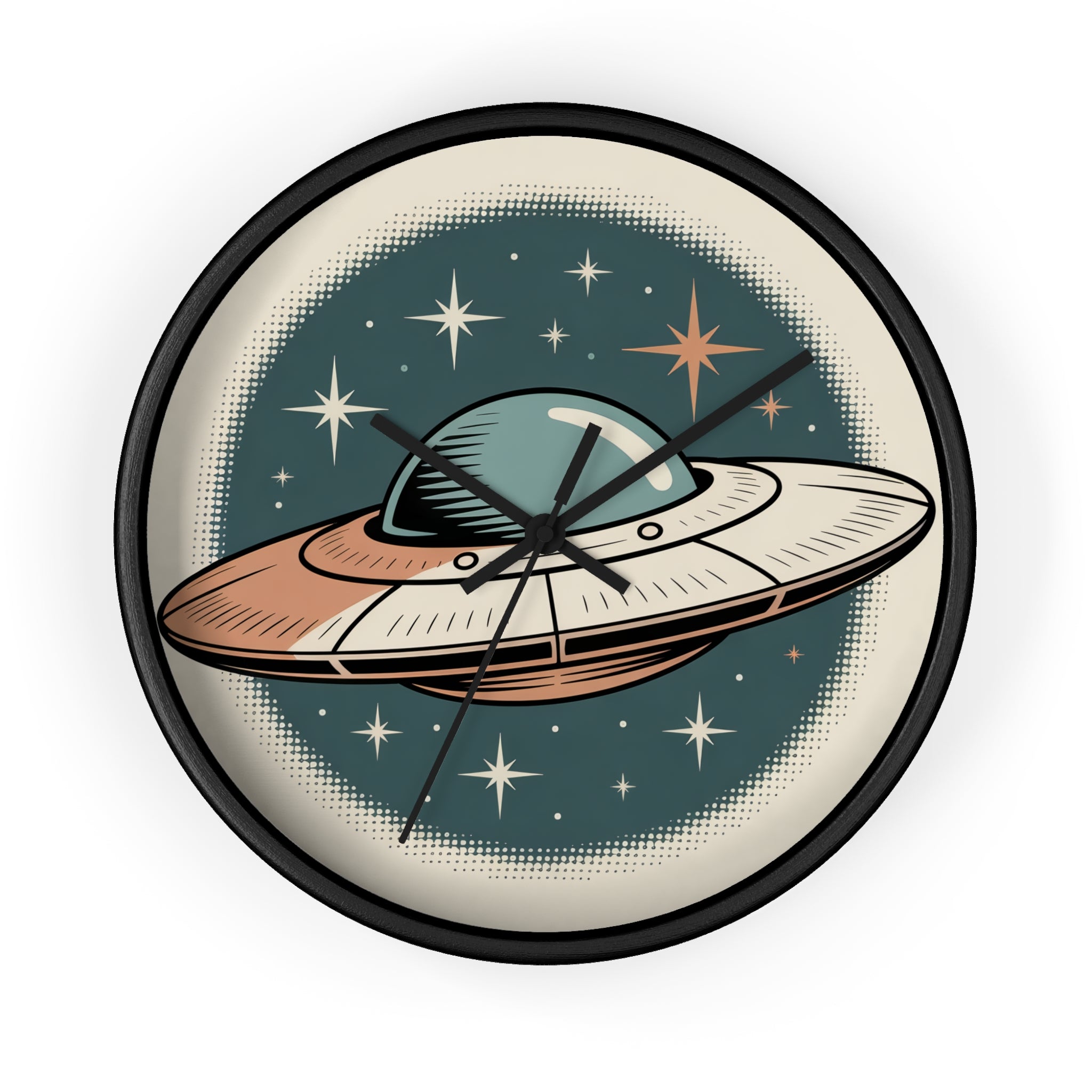 Mid Century Modern Clock, Vintage UFO Postcard Wall Clock, Halftone Starry Night Saucer, Retro Space Age Decor, Teal Orange Sci Fi