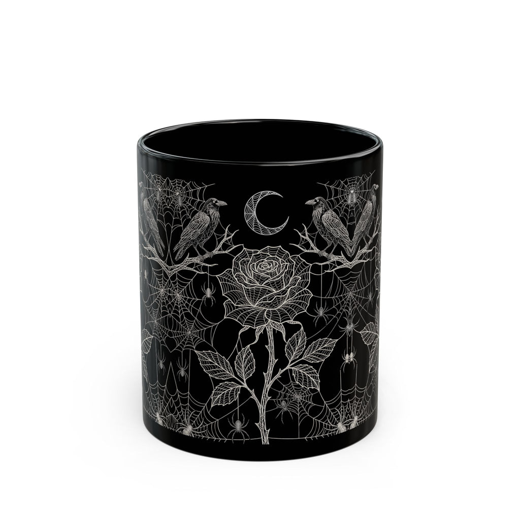 Victorian Rose & Crows Black Mug | Gothic Crescent Moon Art